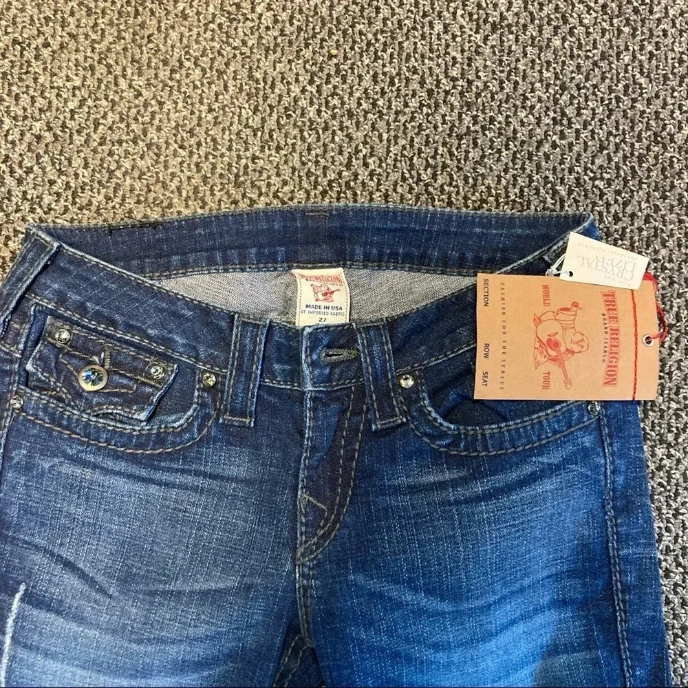 TRUE  RELIGION Sz 27 Disco Becky Big T Swarovski Crystal Distressed Jeans - Picture 2 of 14